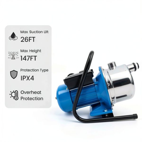 FOTING 1.6HP Shallow Well Pump, 1600GPH Jet Pumps Garden Pump 147FT, Portable 115V Water Transfer Household Draining Irrigation Pumps Stainless Steel for Garden Lawn Farm-4